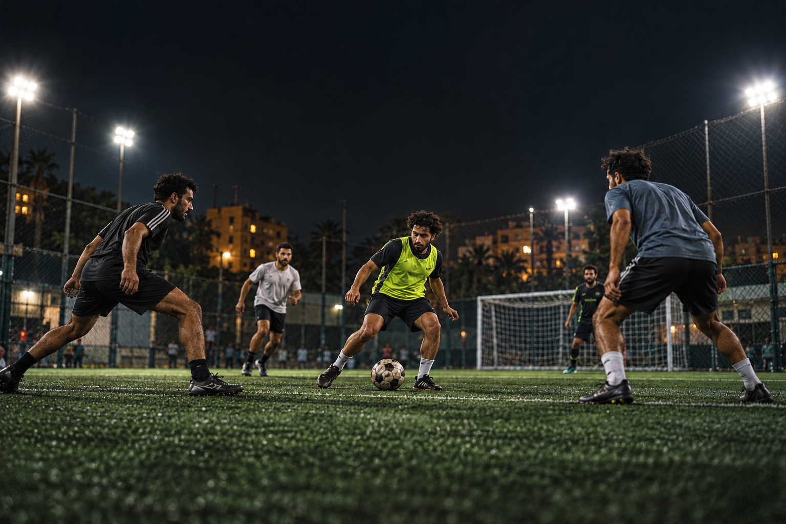 Friends playing a night football match on a floodlit community pitch