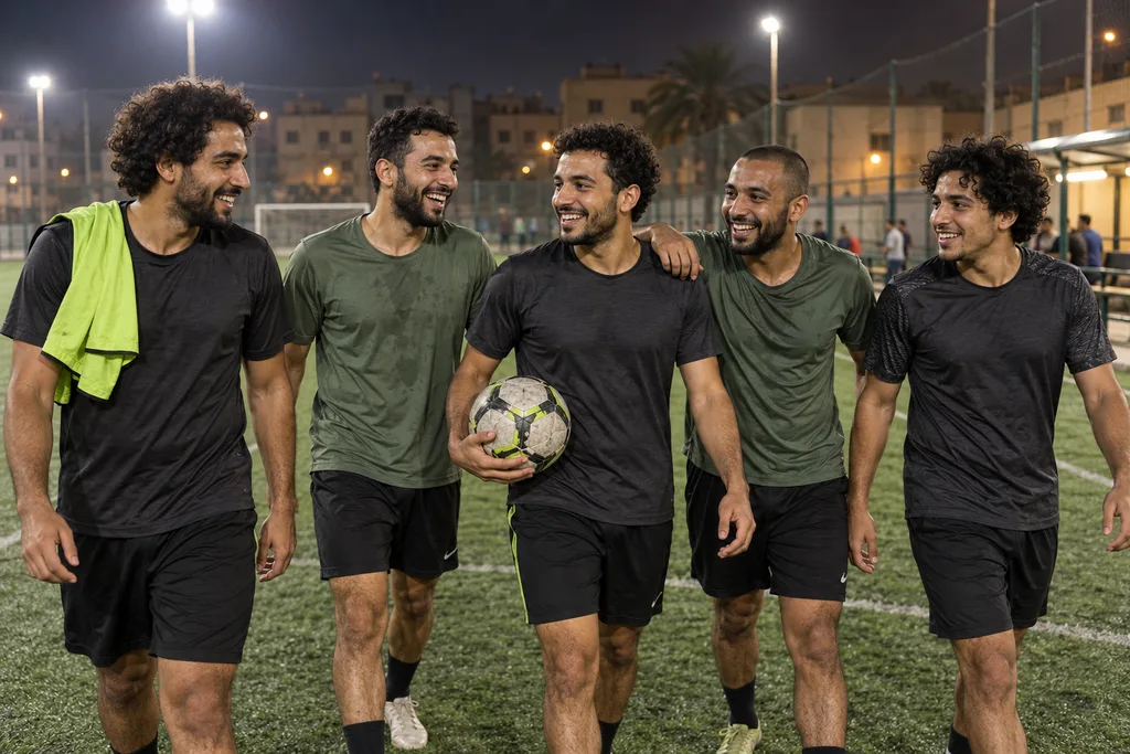 Illustrative campaign photo of friends laughing together after football